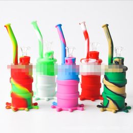 colorful skull Portable oil drum Hookah Silicone Bong Water Smoking Dry Herb Percolator Pipe With Glass Bowl Rigs Tool Accessories