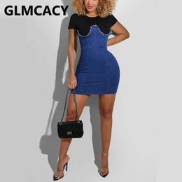 Women Short Sleeve Splicing Denim Bodycon Mini Dress 210702