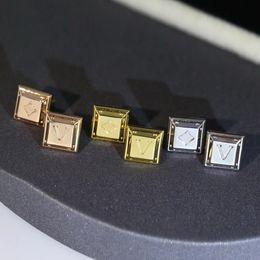 Europe America Fashion Style Earring Lady Womens Gold/Silver/Rose-color Metal Engraved V Initials Flower Square Stud Earrings