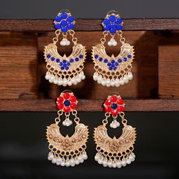 Boho Gypsy Red Carved Indian Earrings 2021 Womens Jewelry Retro Pearl Tassel Ladies Jhumka Earrings Orecchini Pearl Pendant Jewelry