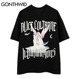 GONTHWID Tshirts Gothic Hip Hop Harajuku Streetwear Men Angel Print Short Sleeve T-Shirts Cotton Loose Casual Fashion Tops Male C0315