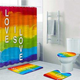 Rainbow Pride Gay Flag Shower Curtain Bath Mat Bathroom Set Toilet Carpet Floor Rug Gay Pride Lesbian Peace LGBT Home Decor 211116