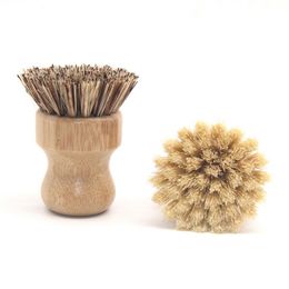 Kitchen Cleaning Brush Portable Round Handle Wooden Brushes For Pot Sisal Palm Dish Bowl Pan Chores Clean Tool