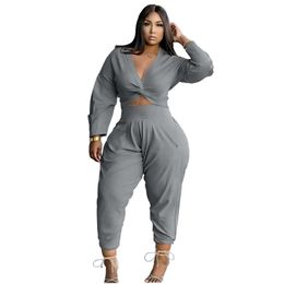 new Plus size 3XL Women Fall winter Tracksuits Two 2 Piece Set Long Sleeve V Neck Sweatshirt Pants Matching Sets Casual Solid Outfits Wholesale sports suits 5723