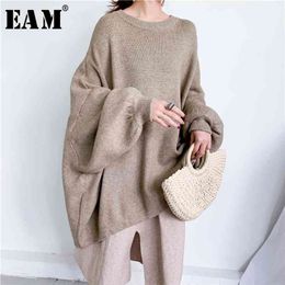 [EAM] Oversized Grey Knitting Sweater Loose Fit Round Neck Long Sleeve Women Pullovers Fashion Autumn Winter 1Y190 210914