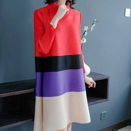Pleated Spring and Autumn Clothing Fashion Splicing Color High Collar Long Sleeve Women Dress Plus Size Elegant 210615