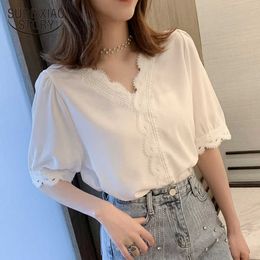 Summer Women Chiffon Shirt White Tops Short Sleeve Blouse Elegant Sweet V-neck Korean Hollow Out Fashion Blusas 8988 210527