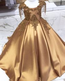 Gold Crystal Long Flower Girls Dress Pageant Dresses Beaded Toddler Infant Clothes Little Kids Birthday Gowns