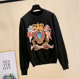 Women's Sweaters 2021 Luxury Baby Crown Embroidery Women Black Pullovers Runway Long Sleeve Female Knit Sweater Jumper Christmas Clothes