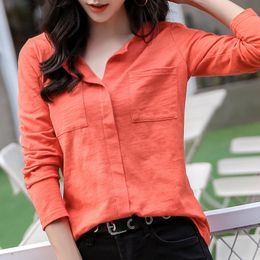 95% Cotton Women Spring Summer Style Blouses Shirts Lady Casual Stand Collar Long Sleeve Blusas Tops with Pockets DD2301 210225
