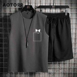 Summer Men Casual Sport Suit Quick Dry Jogger Shorts Set Vest + Shorts Sets Male Tracksuit Cotton Breathable Sportswears 3XL 4XL 210806