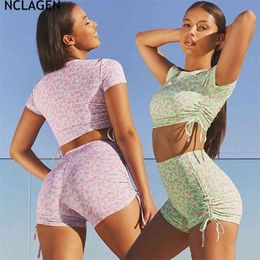 NCLAGEN Small Flower Bandage Printing Yoga Suit Exercise Short sleeve Shirts Sexy Gym Sweat Sport Workout Running Fitness Set 210802