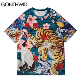 Tshirts Streetwear Cherry Blossoms Tiger Crane Hip Hop Harajuku Fashion Casual Cotton Loose Men T-Shirts Tops 210602