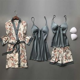 JULY'S SONG 4 PCS Woman Pajamas Set Faux Silk Satin Sleepwear Printing Summer Sling Shorts Sexy Robe For Woman Homewear 211105