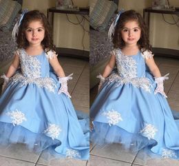 Sweety Light Blue Party Dresses Toddler Flower Girl Dress For Wedding White Applique High Low Ball Gown Teens Pageant Dress Formal Mini