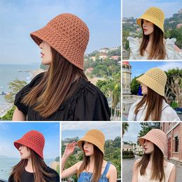 Wide Brim Hats Solid Colour Handmade Crochet Floppy Top Summer For Women Hollow Out Knit Dome Bucket Hat Foldable Beach Caps