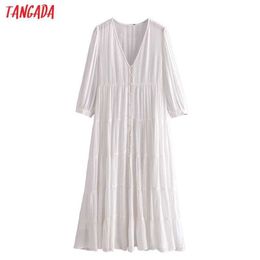 Tangada Fashion Women White Cotton Loose Dress Vintage Buttons V Neck Ladies Long Dress 3H395 210609