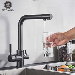 Luxury Chrome Brass Pure Water Kitchen Faucet Dual Handle and Cold Drinking Water 3-way Filter Kitchen Mixer Taps 211108