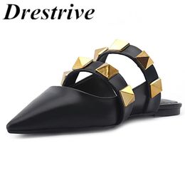 Drestrive Women Slippers Pointed Toe Cow Leather Rivet Flats 2021 Summer Low Heel Casual Shoes Black Mules Fashion Girl Sandals