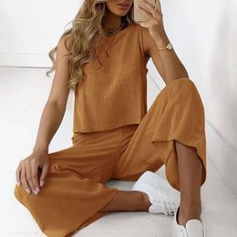 Cotton Linen Two Piece Sets Summer Women Casual Solid Sleeveless O-neck Shirt Tops Loose Long Pants Trouser Suits Female Outfits Y0625