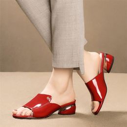 Red Sexy PU Soft Patent Leather Sewing Fish Mouth Slippers Open Toes Hoof Heels Slides Shoes Designer Non-Slip Sandals Plus Size 210310