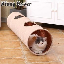 120cm Pet Tunnel Long 2 Holes Cat Puppy Rabbit Teaser Funny Hide Tunnel Toys With Ball Collapsible Cat Tunnel 210929