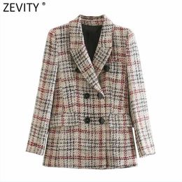 Zevity Women Vintage Plaid Pattern Print Woollen Coat Female Chic Long Sleeve Double Breasted Outwear Jackets Tops CT629 211106