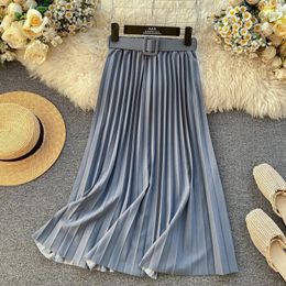 mujeres larga amarilla maxi falda plisada midi cintura alta fiesta casual