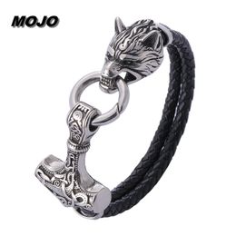 Hip Hop Style Antique Silver Titanium Steel Wolf Head Charm Black Genuine Leather Bracelet Men Jewellery with Toggle Buckle