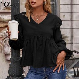 Women's Casual V Neck Button Peplum Work Tunic Tops Loose Swing Tops Solid Puff Sleeve T Shirts Flowy Peplum Blouse 