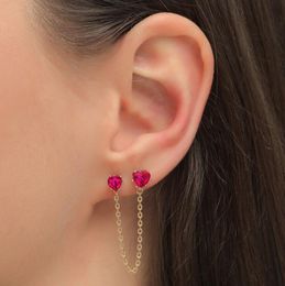 Trendy Pink Love Heart CZ Zircon Crystal Stud Earrings for Women Fashion Gold Colour Geometric Long Chian Earrings Jewellery