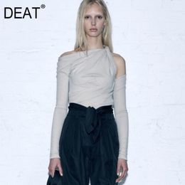DEAT 2021 New Summer Fashion Women Clothes Asymmetrical Collar Off Cuted Shoulder Full Sleeves Cross T-shirt Female WH02802M 210306