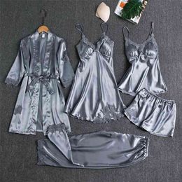 Sleepwear Female 5PCS Pyjamas Set Satin Pyjamamas Lace Patchwork Bridal Wedding Nightwear Rayon Home Wear Nighty&Robe Suit 210831