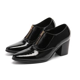 Spring Summer Leather Shiny High Heels Mens Dress Wedding Office Formal Shoes Handmade Front Zipper Chaussure Homme