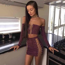 Aummer Women's Two-Piece Bandage Mini Dress Celebrity Party Sexy Bodycon Long Sleeve Off-Shoulder Button Skirt Set 210525