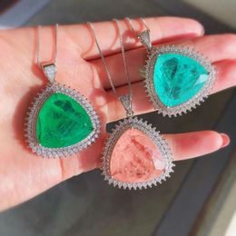 Pendant Necklaces EYIKA Fashion Dubai Jewellery Emerald Pink Blue Fusion Crystal Stone Triangle Silver Plated Necklace Female Wedding Choker