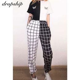 Spring Women's Elastic High Waist Black And White Checker Contrast Color Cargo Pants Women Streetwear Long Plaid 211115