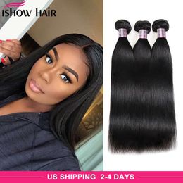 Ishow Peruvian Human Hair Bundles Wefts 4pcs Jet Black Brazilian Virgin Straight Weave Extensions for Women All Ages 8-28inch