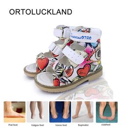 Children Orthopedic Leather Sandals Open Toe Corrective Arch Support Lovely Graffiti Summer Shoes For Toddler Boys and Girls 210312
