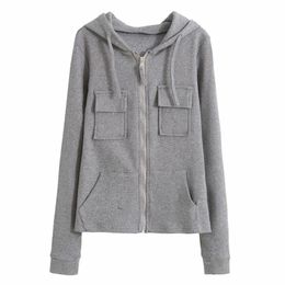 Women's Hoodies & Sweatshirts [EWQ]2021 Autumn Simple Long-sleeved Grey Colour Tops Fashion Multi-pocket Zip-up Hooded Sweatshirt Slim Sports