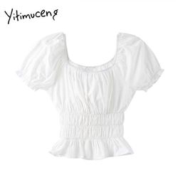 Yitimuceng White Blouse Women Folds Shirts Puff Sleeve Square Collar Slim Solid Summer Korean Fashion Sweet Tops 210601