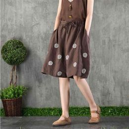 Women's Shorts Summer Fashion Casual Loose Cotton Linen High Waist Harem Short Pants Embroidery Wide for Women 210724