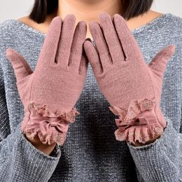 Fingerless Gloves [BYSIFA] Ladies Pink Hair Wool Mittens Fashion Women Elegant Lace Embroidery Bow Tie Thick Warm Soft