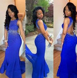 High Quality Blue Prom Dresses 2021 Mermaid Backless Beaded Formal Evening Dress Party Gown