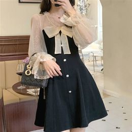 Elegant Mini Party Dress Women Casual Bow Lace Long Sleeve Black Vintage Dress Bow Sexy One Piece Dress Korean Spring Chic 210309