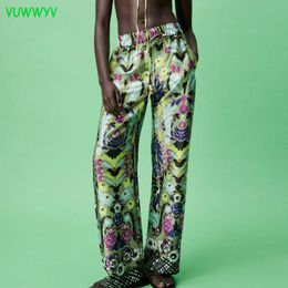 Za 2021 Wide Pants for Women Green Print Oversize Pants Women High Waist Woman Trousers Summer Baggy Pants Suits Streetwear Q0801