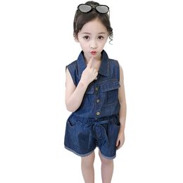 Teen Girls Denim Clothing Solid Vest + Short Suit For Casual Style Girl Summer Childrens 210527