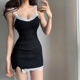 WOMENGAGA Summer Tops Sweet Sexy Ruffle Lace Patchwork Split Slash Neck Sleeveless Girl Dress Dresses Korean Women 99JJ 210603