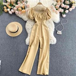 Women Fashion Pleated Square Collar High Waist Thin Short Sleeves Long Jumpsuit Solid Color Broad-legged Overalls S416 210527