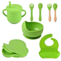 F1CB 8 Pcs Baby Silicone Bib Divided Dinner Plate with Lid Sucker Bowl Spoon Fork Straw Cup Set Training Feeding Food Utensil G1210